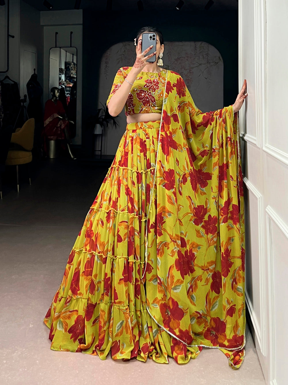 Olive yellow floral printed marble lehenga choli with lace dupatta
