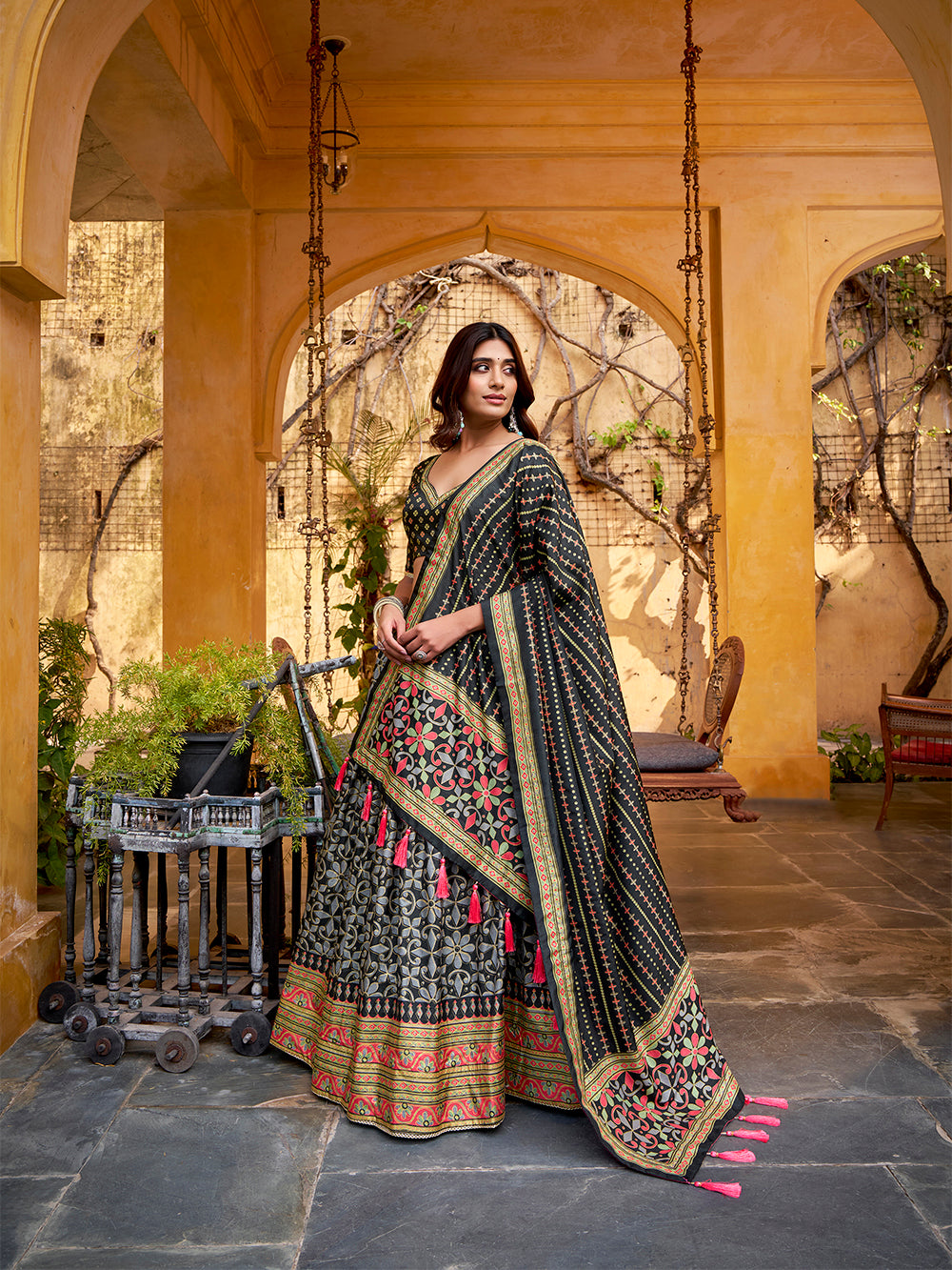 Black color tasar silk lehenga