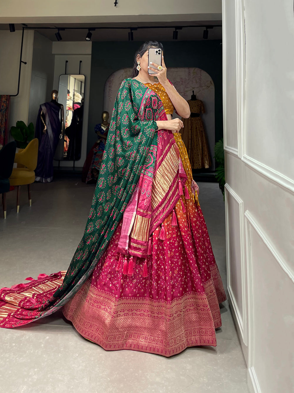 Mustard Color Printed With Zari Weaving Work Viscose Dola Silk Lehenga Choli