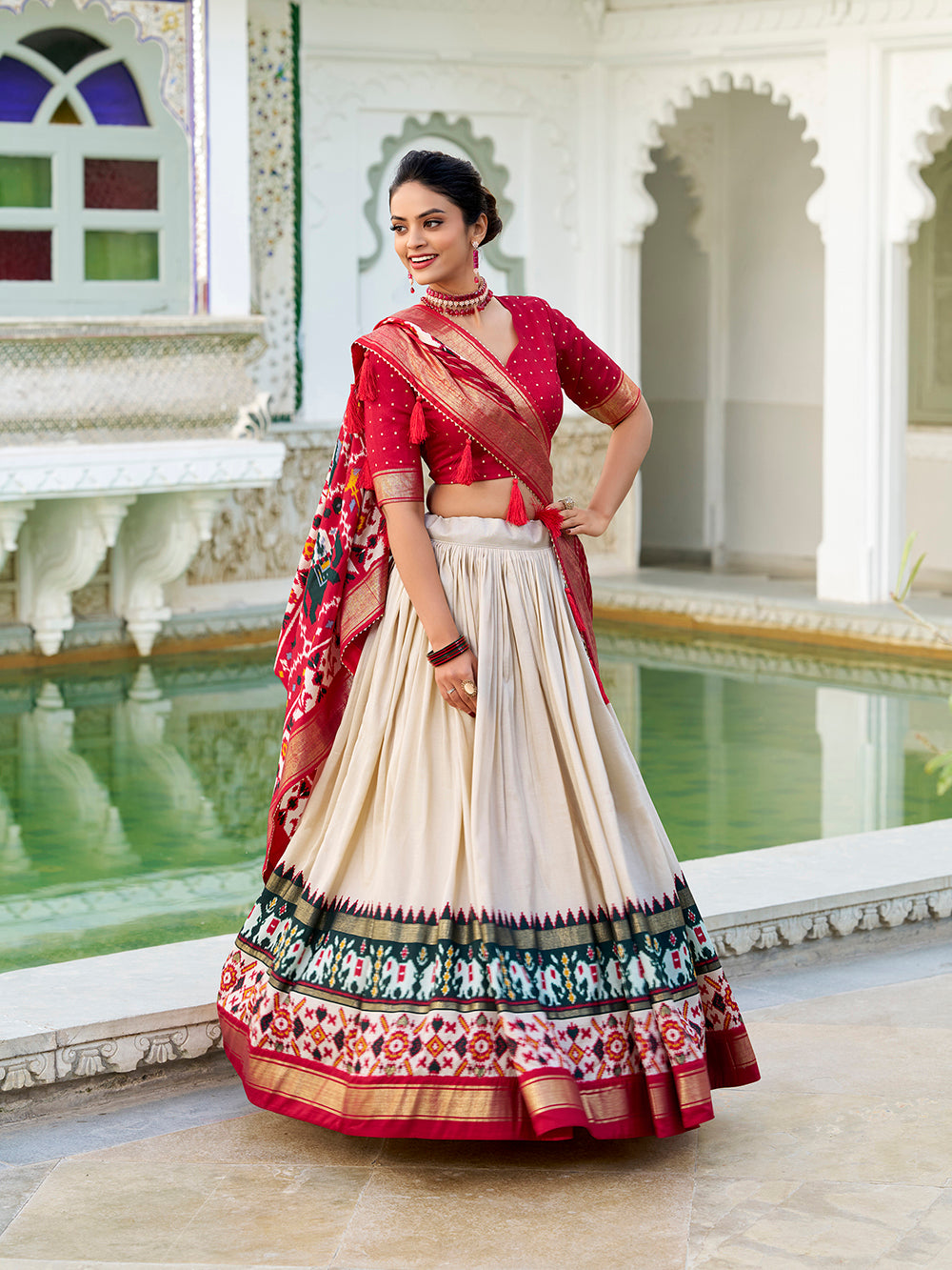 Off white tasar silk lehenga choli with hyderabadi patola print foil work