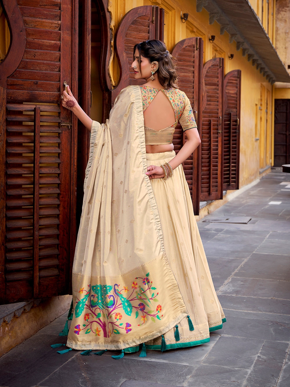 Bottle green color zari weaving work shimmer lehenga choli