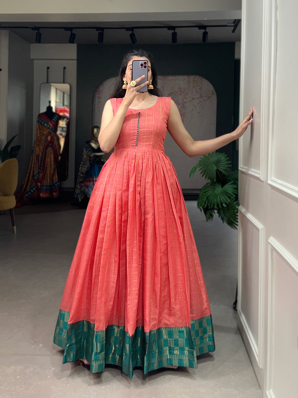 Pink Color Zari Weaving Work Zari Chex Festival Dress