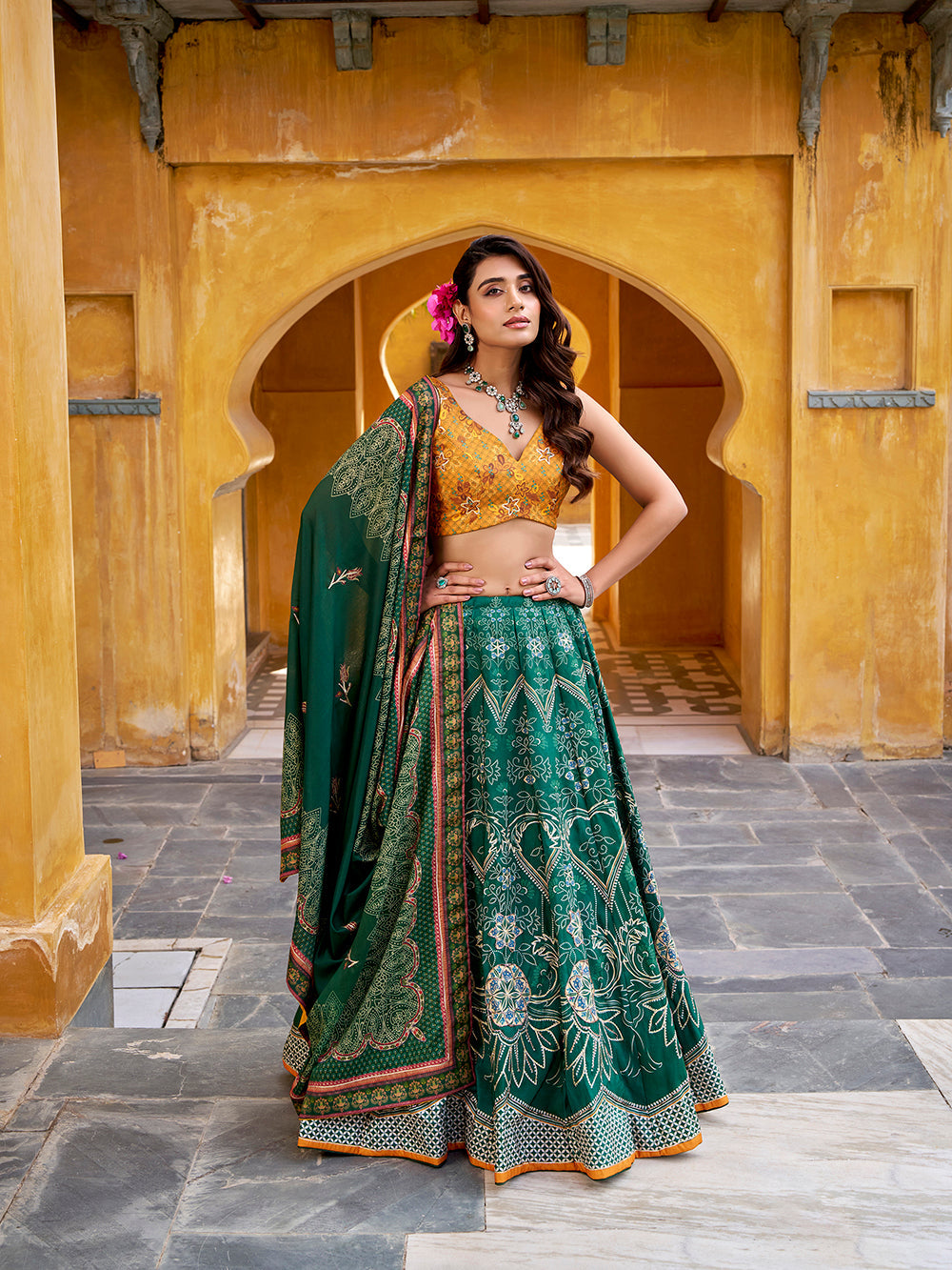 Bottle green vaishali silk lehenga choli with beads work gotta patti dupatta
