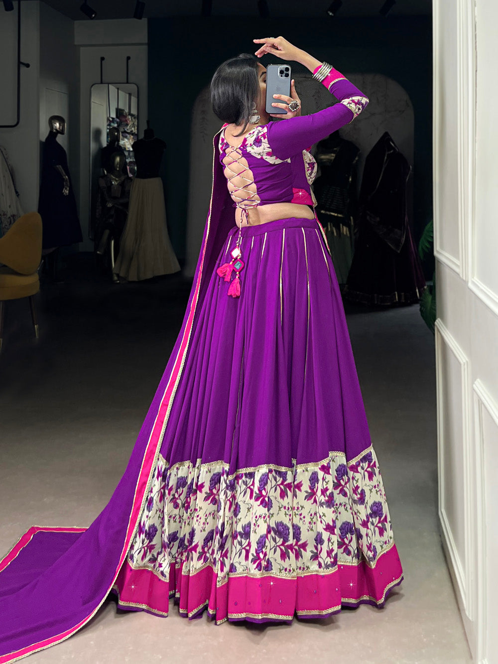 Purple rayon floral print lehenga choli with original mirror hand work printed dupatta