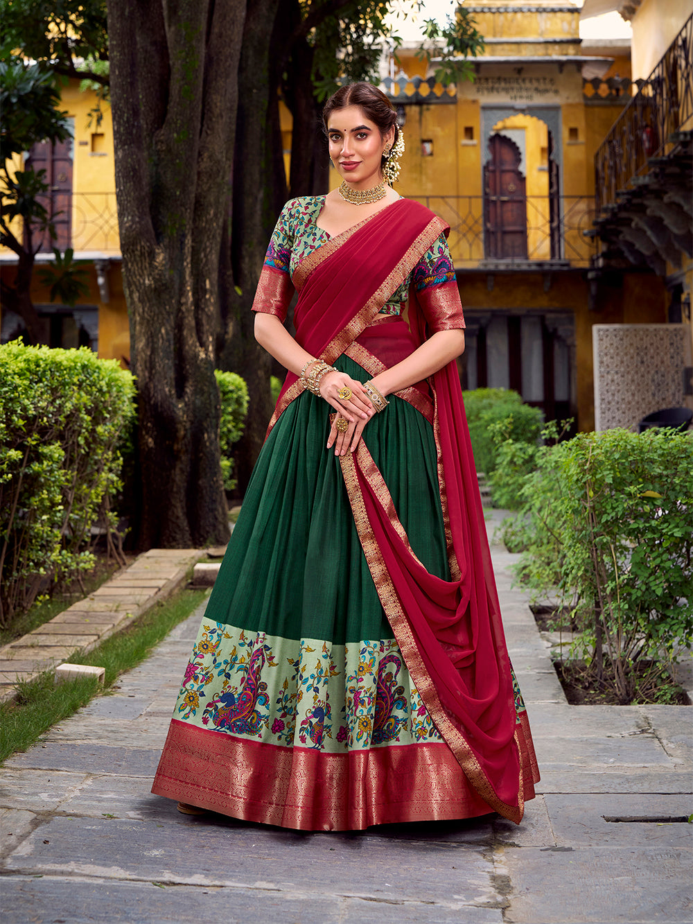 Green astha silk printed zari weaving work lehenga choli with georgette dupatta