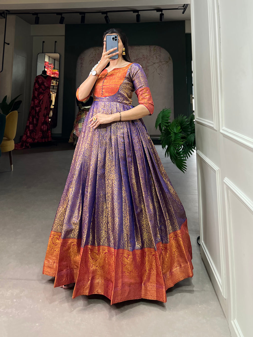 Royal Blue Color Zari Weaving Work Kanjivaram South Indian Dress