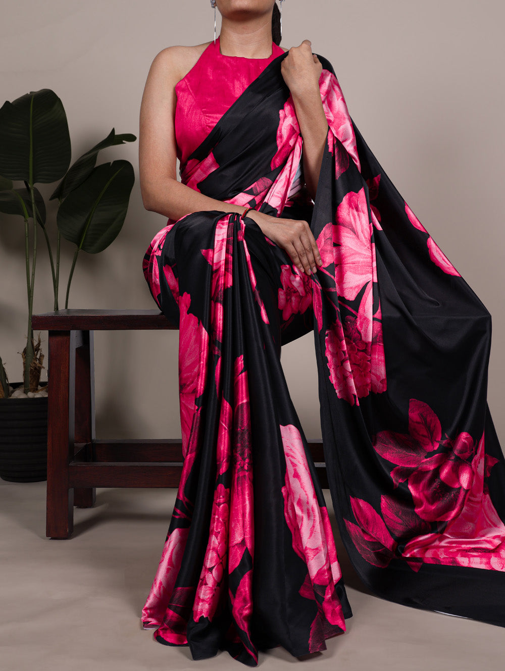 Pink floral printed satin silk saree with matching banglory blouse