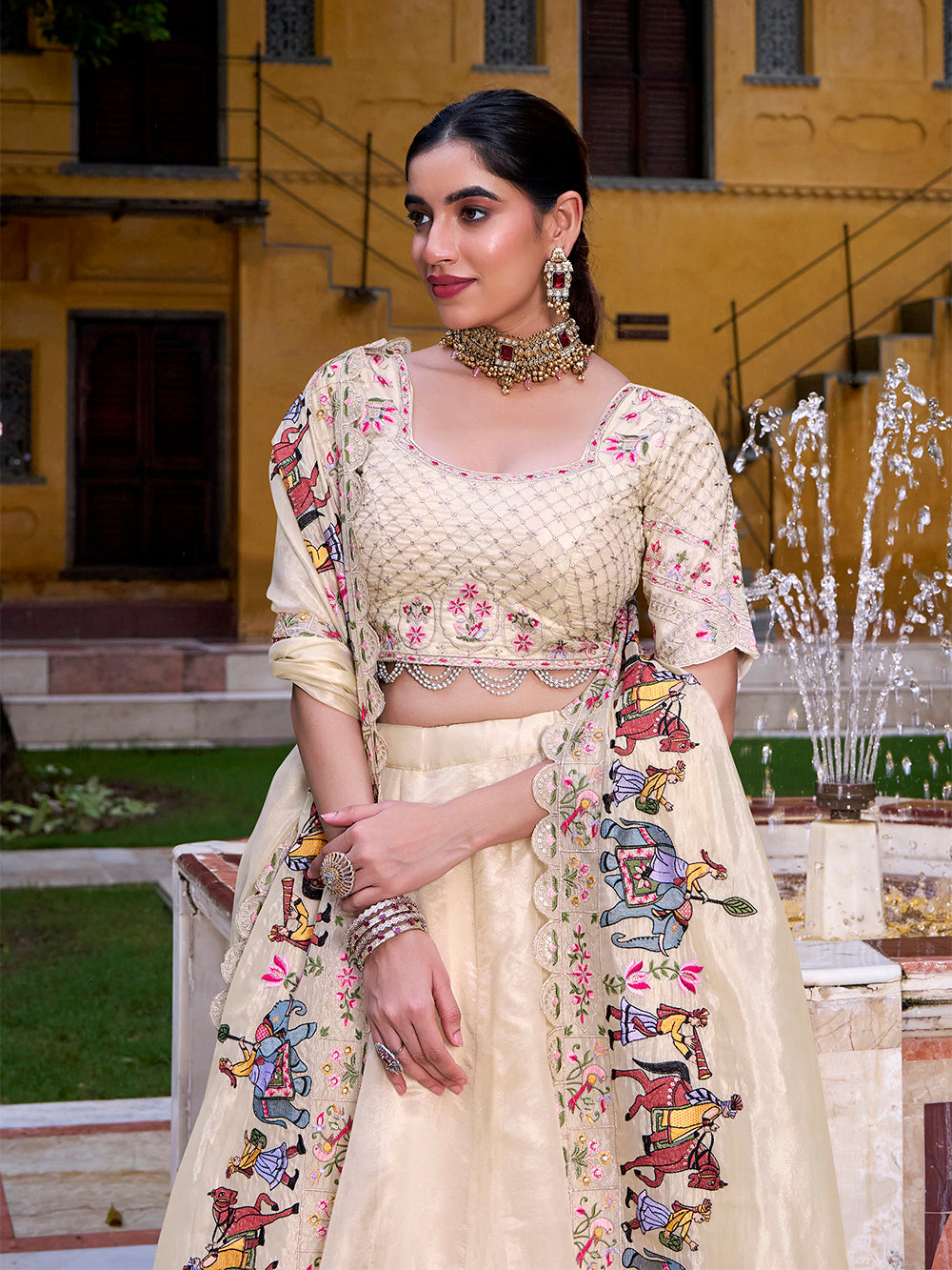 Cream raspberry lehenga choli with sequins thread embroidery 1m blouse material