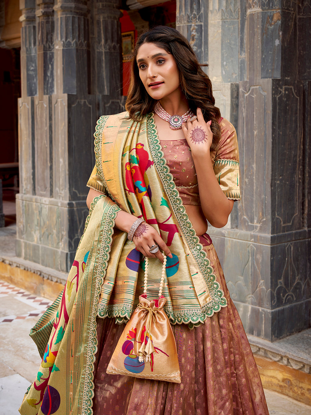 Brown color wedding wear simmer organza lehenga