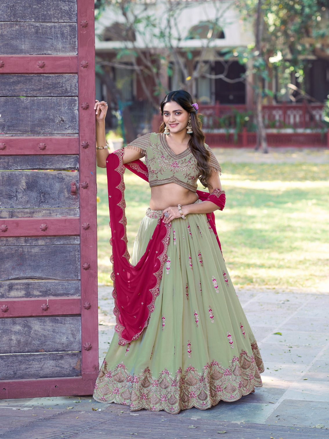 Pista color embroidery work chaniya choli
