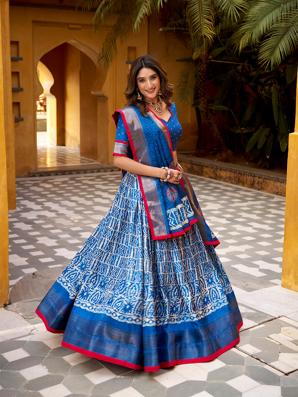 Blue color batik printed dola silk lehenga
