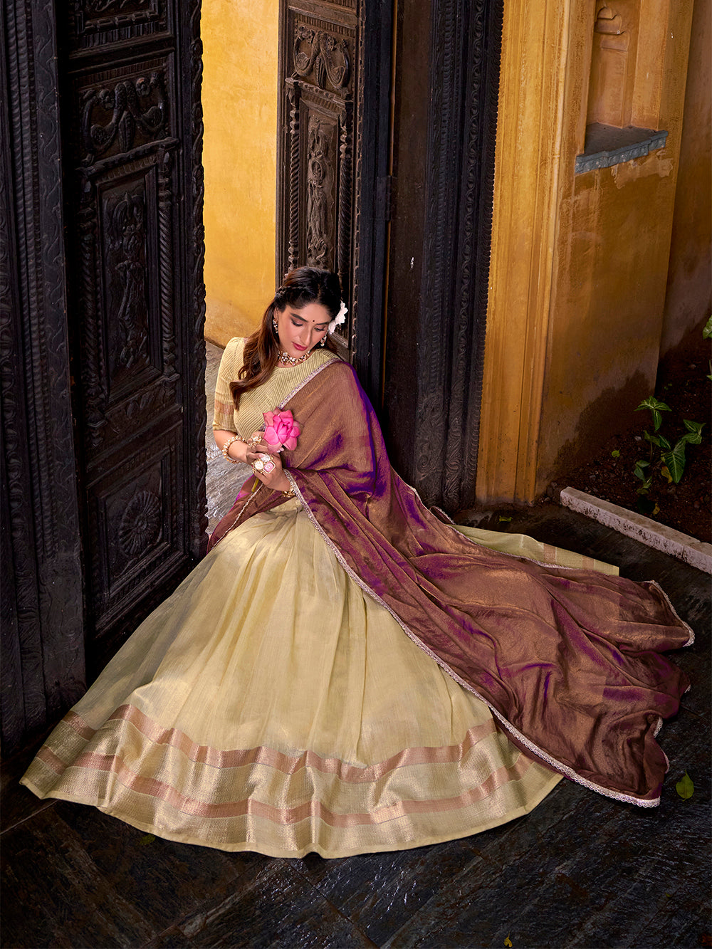 Yellow dupion silk lehenga choli with zari weaving border shimmer lace dupatta