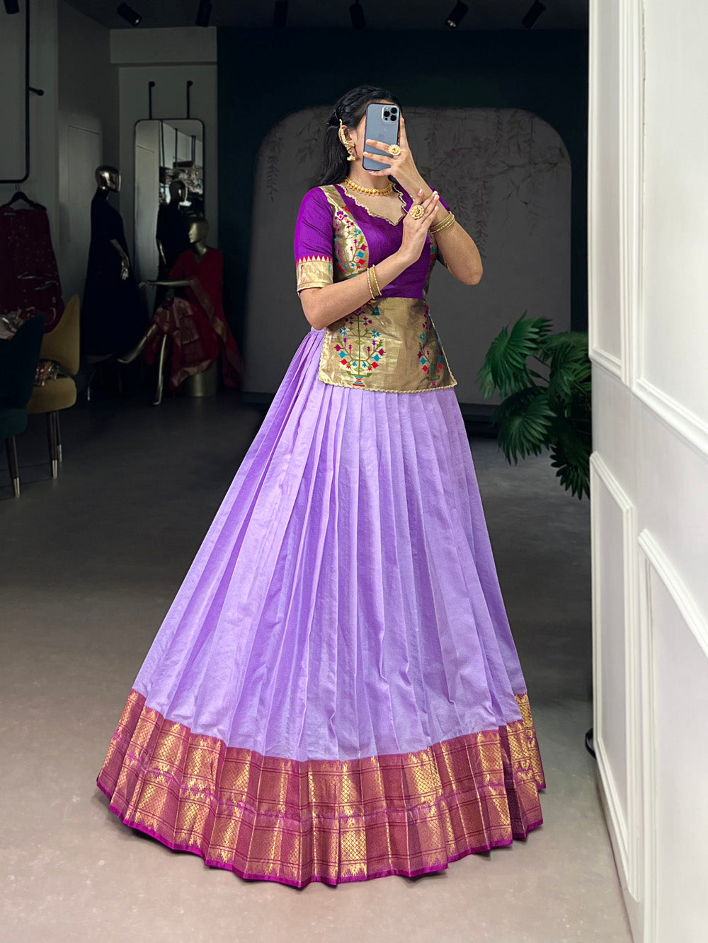 Lavender south indian style jacquard silk zari weaving lehenga choli with luxe zari border