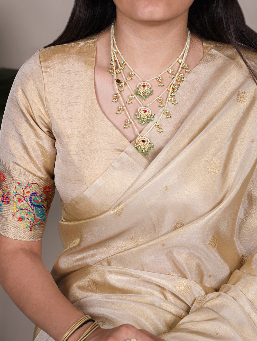 Cream tissue paithani saree with intricate zari weaving unstitched blouse