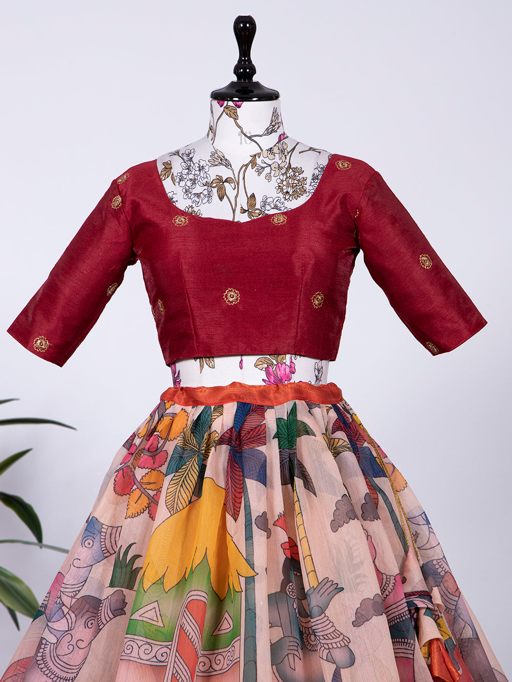 Red Color Digital Printed Soft Cotton Half Saree Set Lehenga
