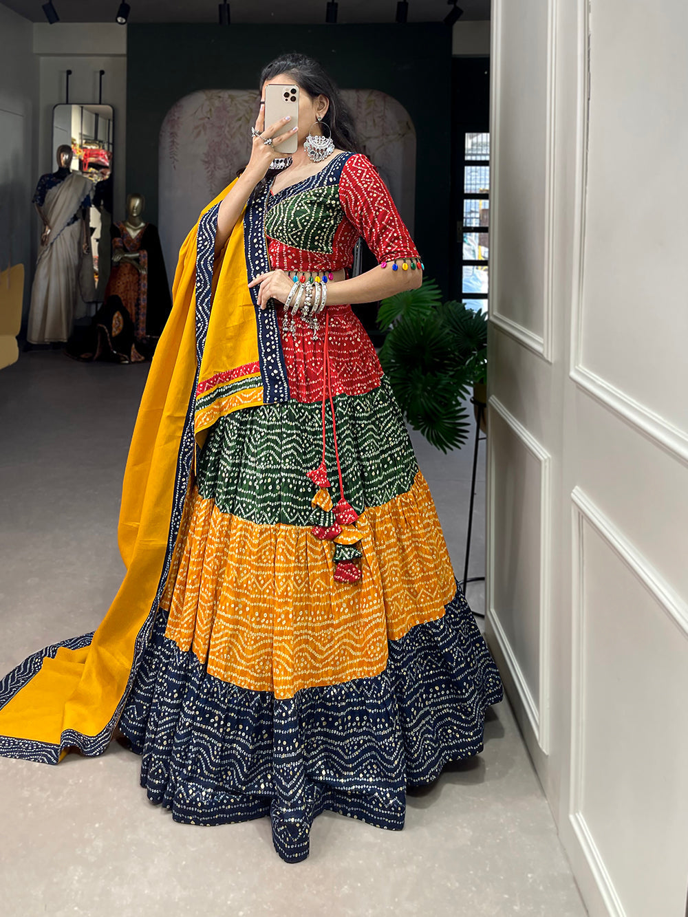 Multi Color Bandhej Printed With Foil Work Rayon Navratri Chaniya Choli