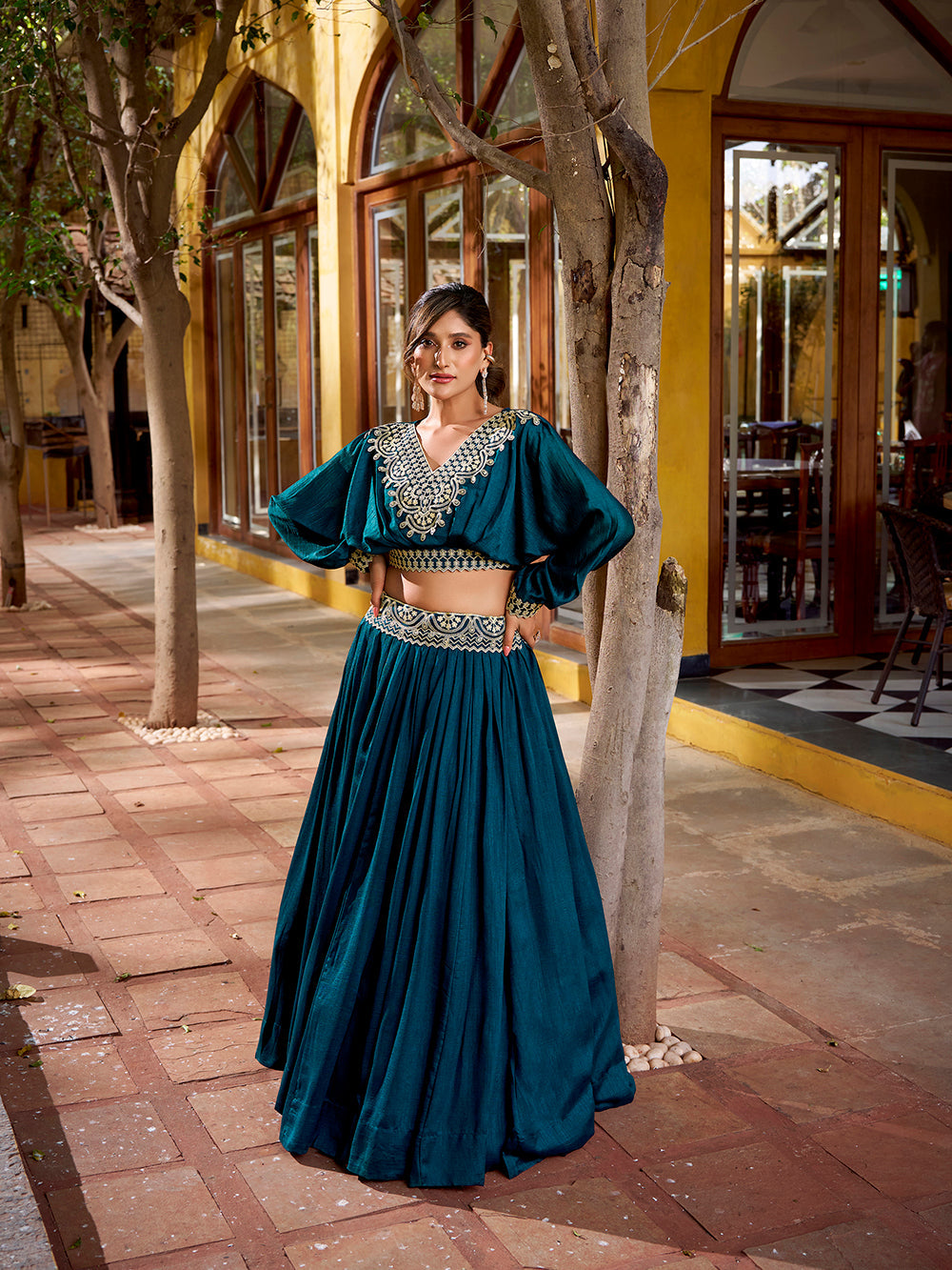 Peacock blue color thread embroidery vichitra silk co ord set