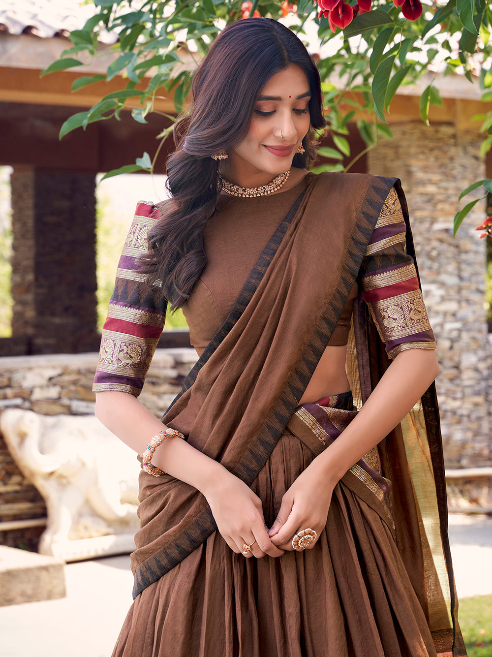 Classic brown chanderi lehenga choli with zari border coordinated dupatta