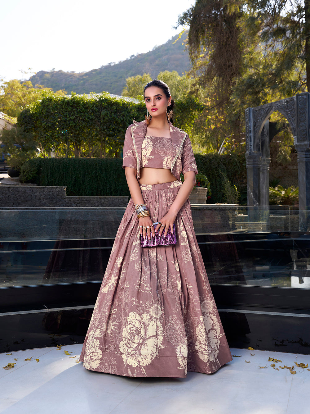 Cream tussar silk floral print crop top lehenga choli