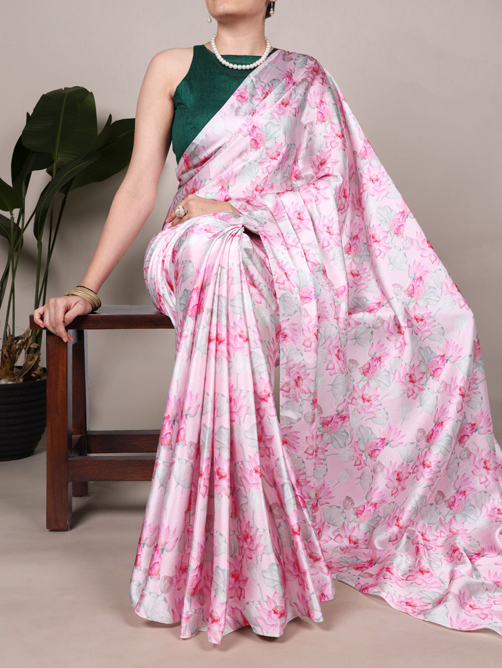 Light pink satin silk floral printed saree with mono benglory green blouse fabric