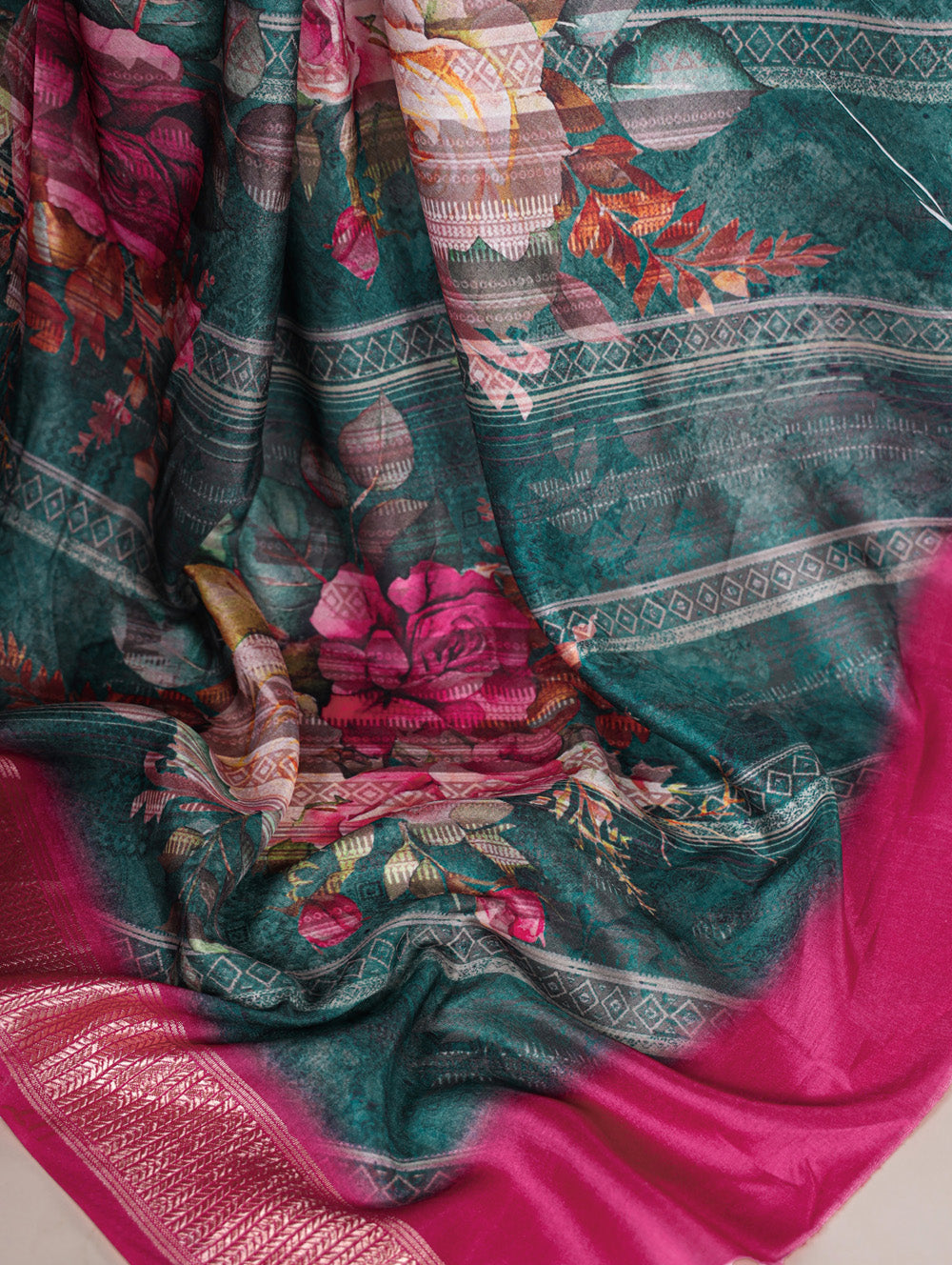 Green tussar silk floral printed saree with viscose border wine blouse