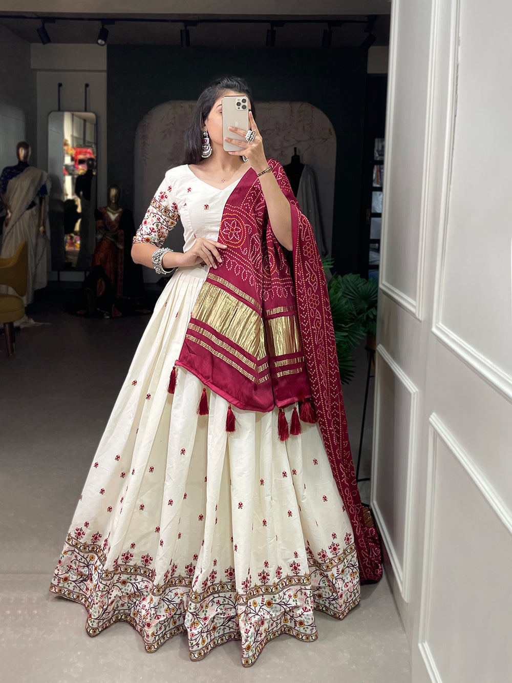 Flower Design Sequins And Thread Embroidery Work Khadi Cotton Chaniya Choli