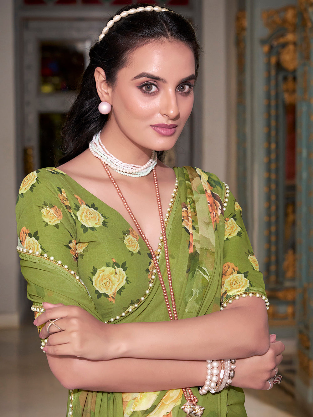Mehendi green georgette plain saree with printed pearl lace border