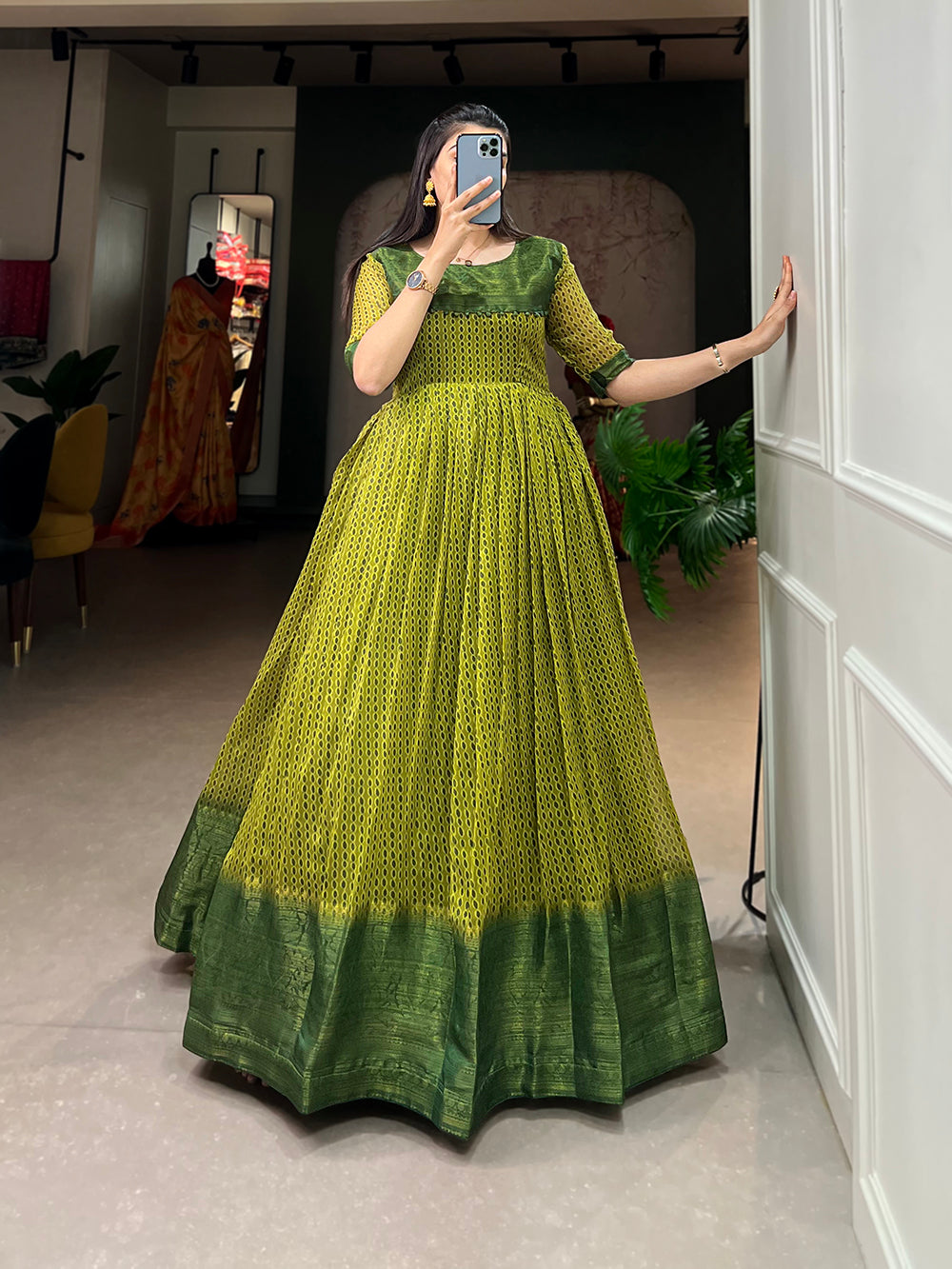 Mehendi Color Print With Zari Patta  Soft Cotton Dress