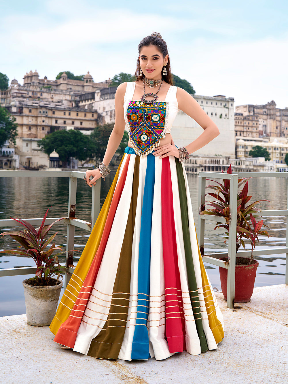 Multicolor rayon garba lehenga choli with gota patti gamthi mirror work