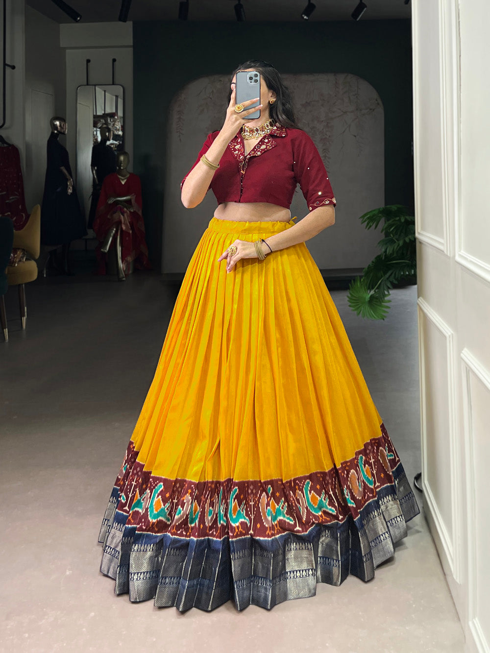 Mustard color printed with zari weaving work poly cotton co ord set