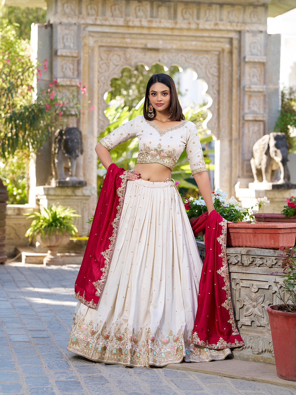 Off white vichitra silk lehenga choli with sequins thread embroidery