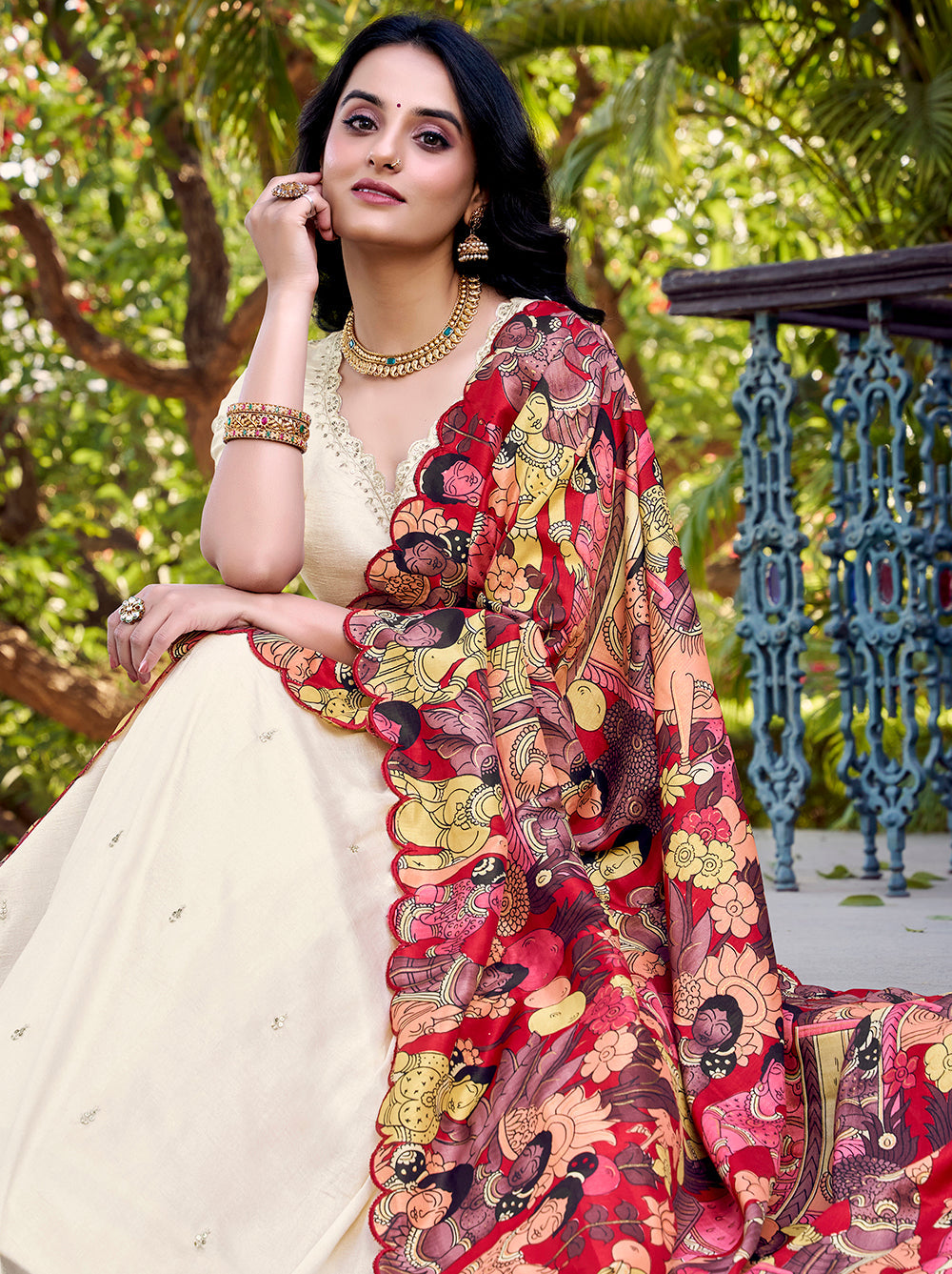 Vichitra silk stitched lehenga choli with kalamkari border tussar silk dupatta