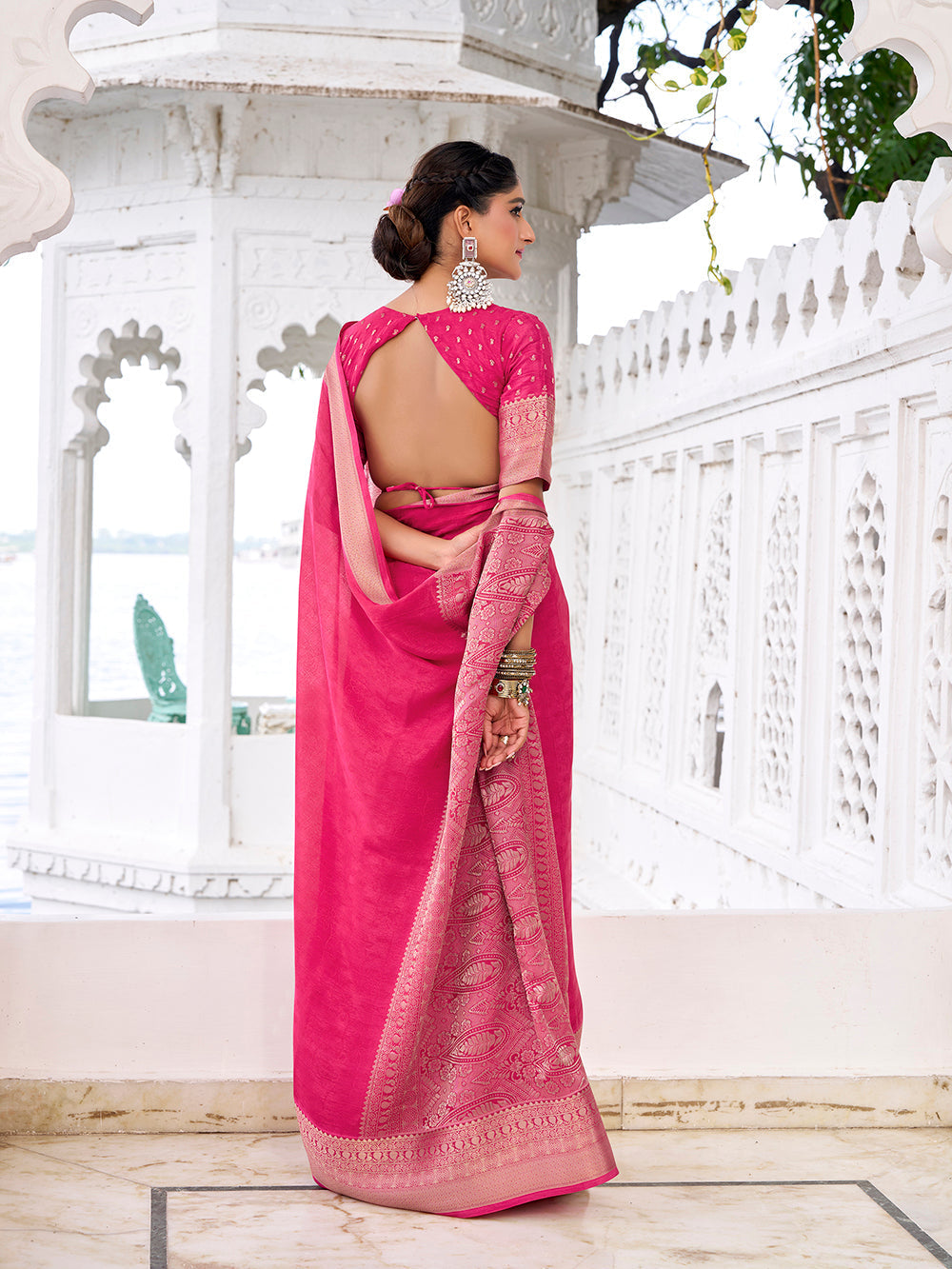 Pink self printed chinon saree with zari weaving unstitched blouse