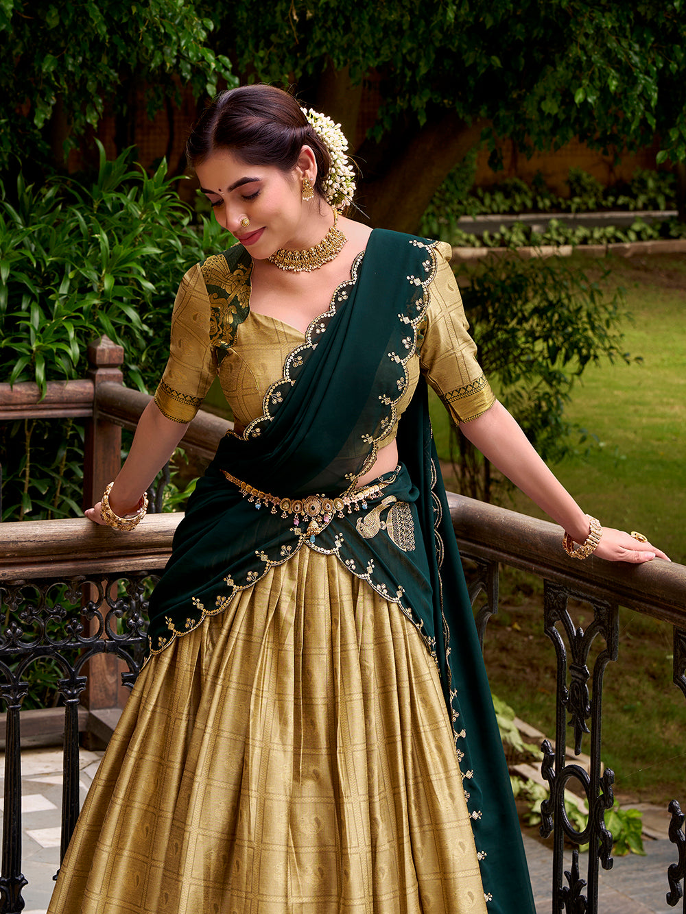 Cream poly cotton lehenga choli with zari weaving embroidered georgette dupatta