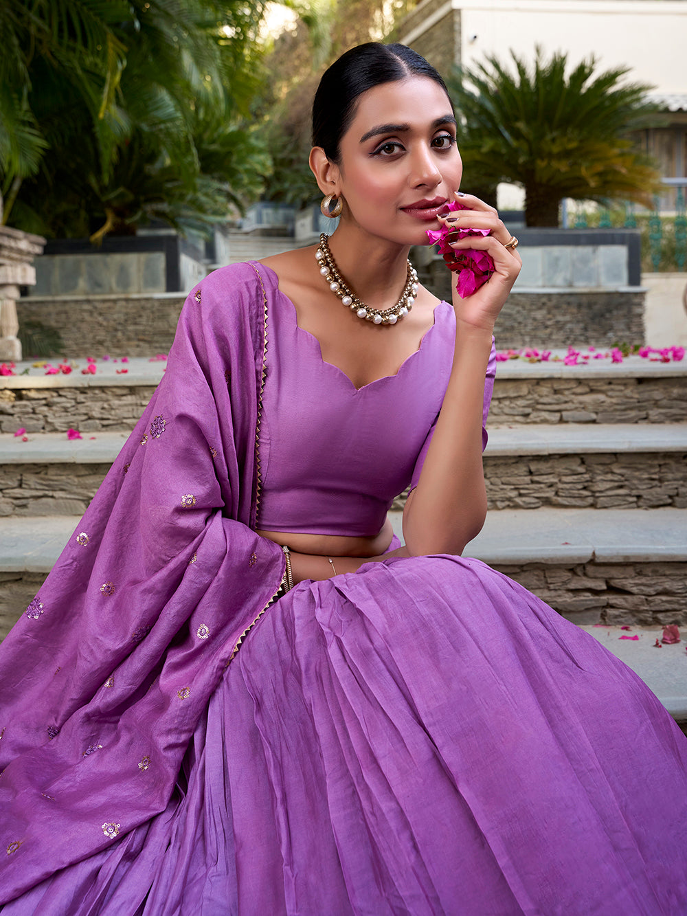 Purple chanderi silk lehenga choli with zari weaving matching dupatta