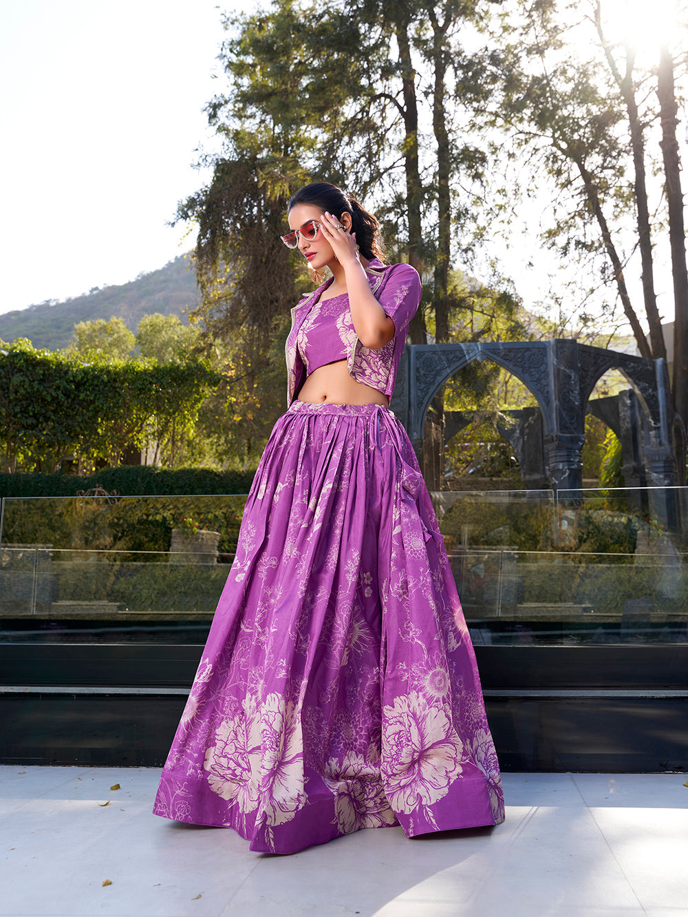 Purple tussar silk crop top lehenga choli with floral print elegance
