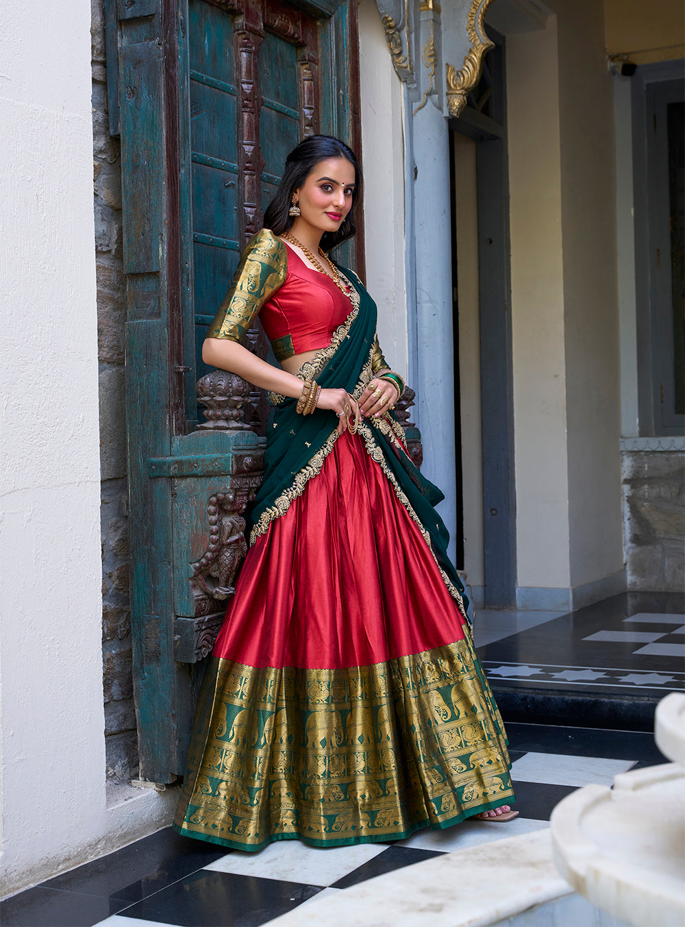 Bridal red narayan pattu lehenga choli with zari weaving embroidered georgette dupatta