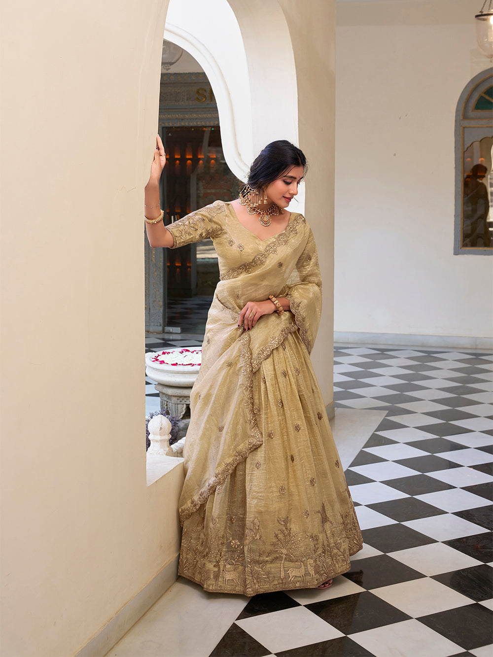 Off white gold crush lehenga choli with sequins embroidery scalloped lace dupatta
