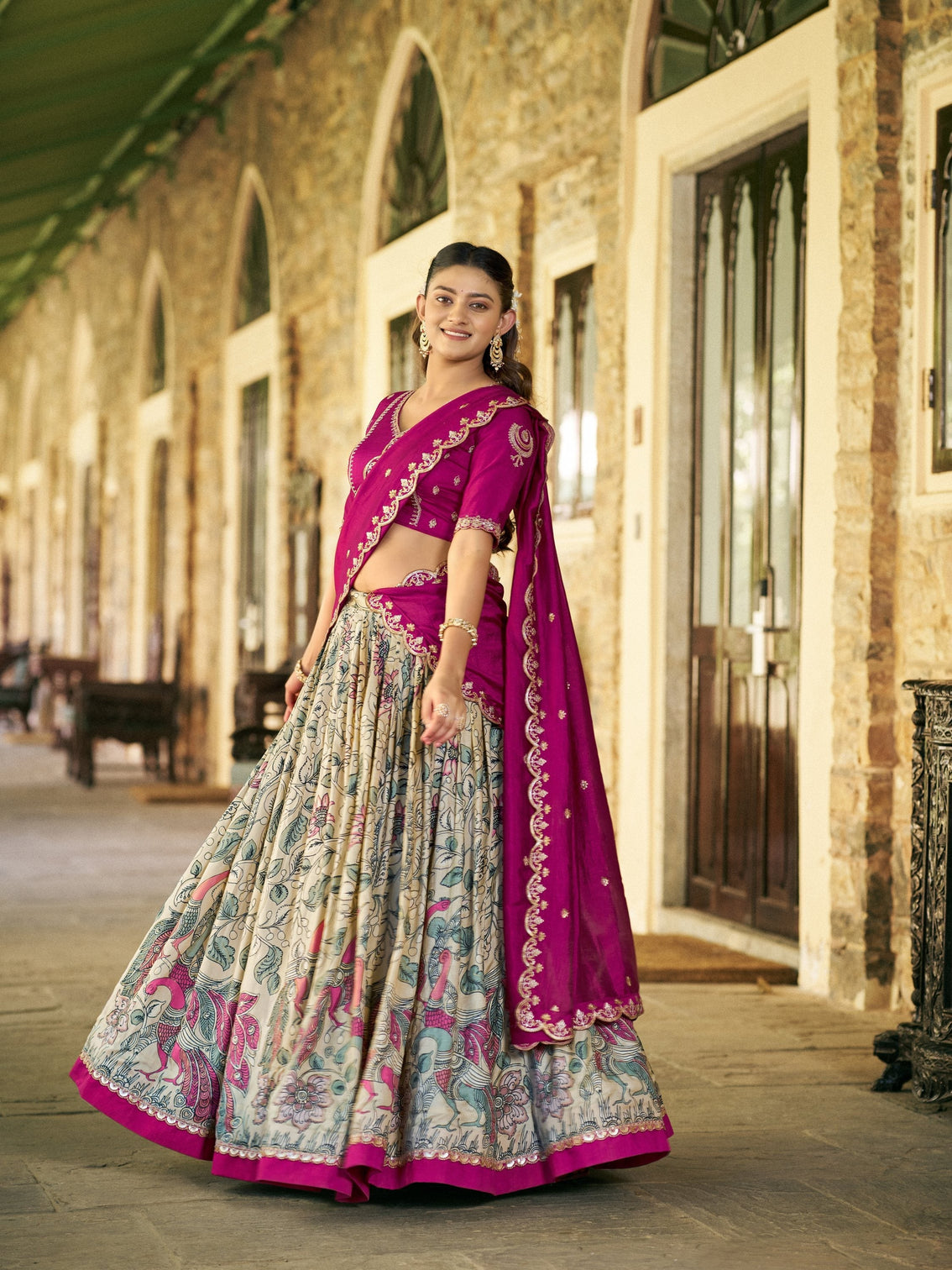 Embroidery work with kalamkari print lehenga choli