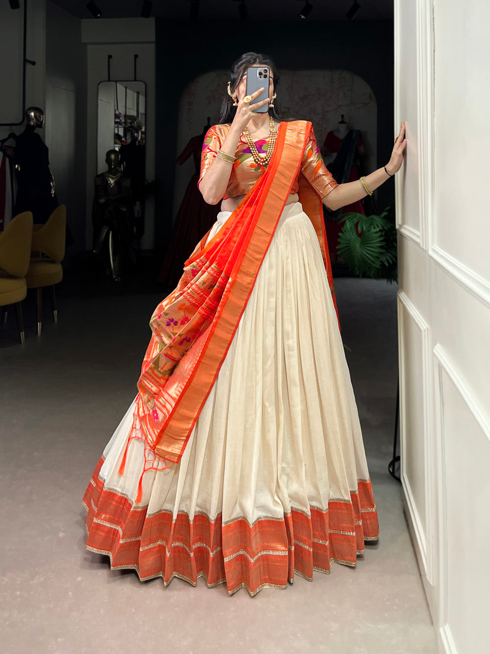 White vichitra silk south indian style lehenga choli with jacquard blouse orange dupatta