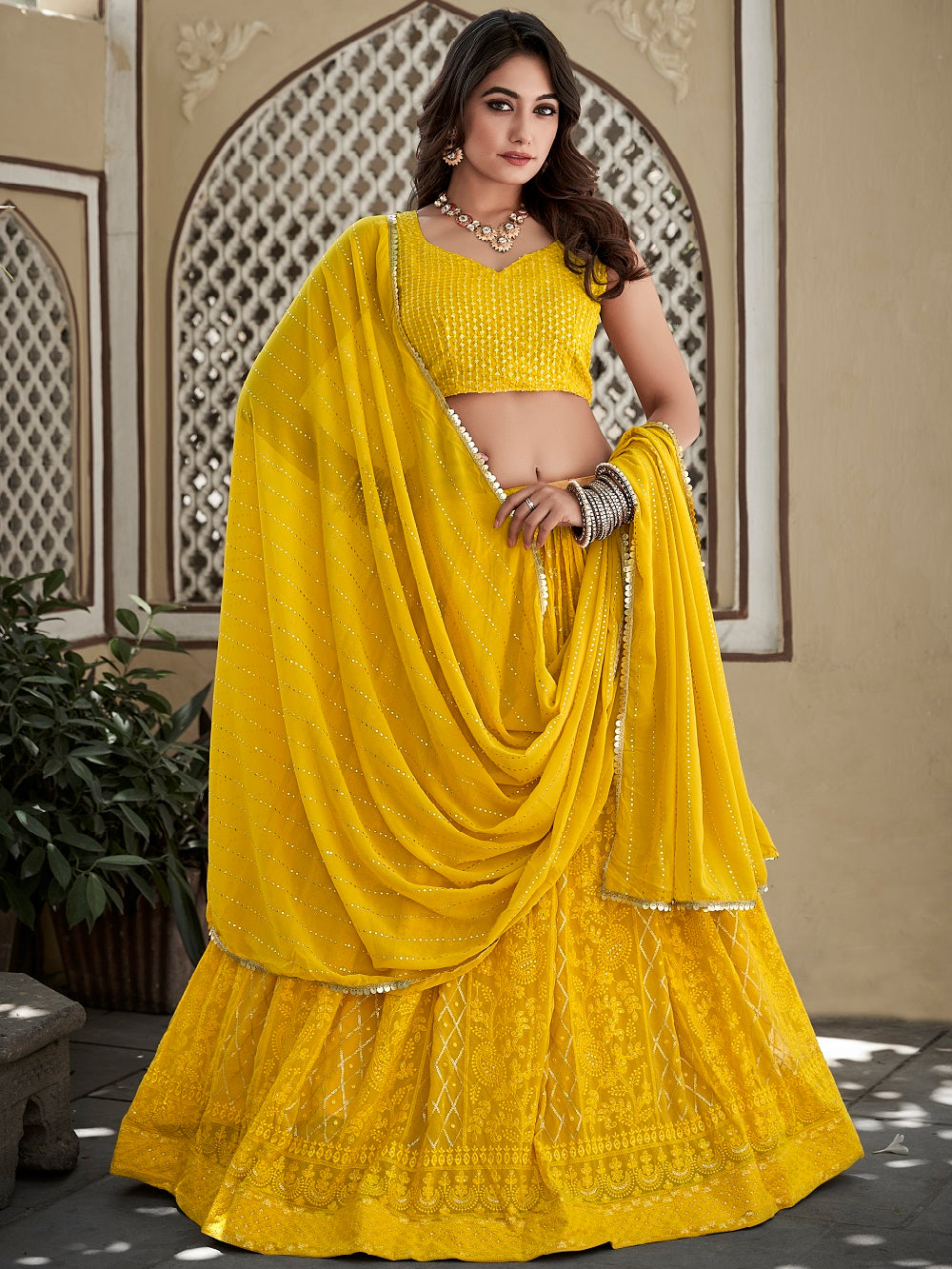 Yellow Color Lucknowi Thread & Sequins Embroidery Work Georgette Lehenga Choli