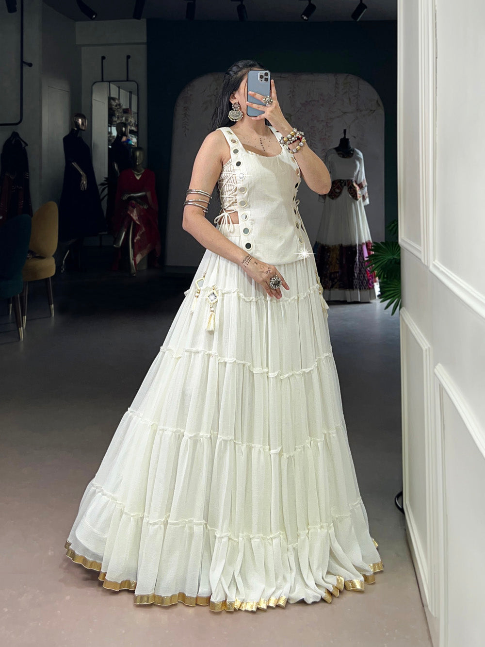 White color embossed design lace border marbel chaniya choli