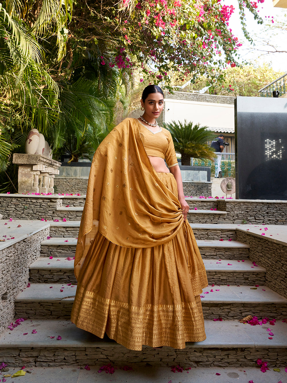 Mustard chanderi silk lehenga choli with timeless weave matching dupatta