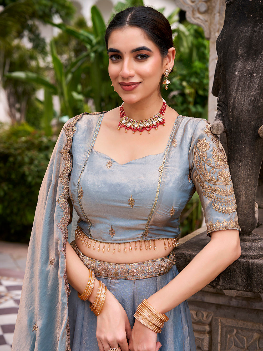 Sky blue fendi fabric sequins thread embroidered lehenga choli with dupatta