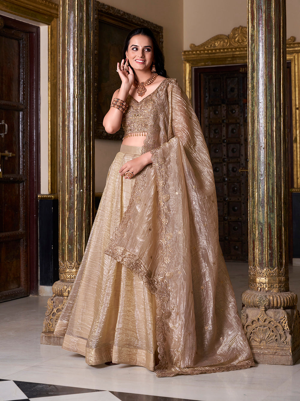 Chiku gold crush lehenga choli with sequins embroidery matching dupatta