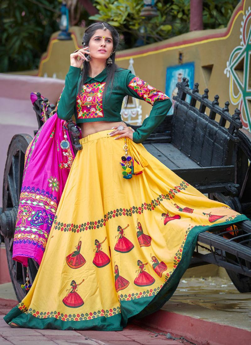 Treditional Look Dark Green And Yellow Color Cotton Base Lehenga Choli