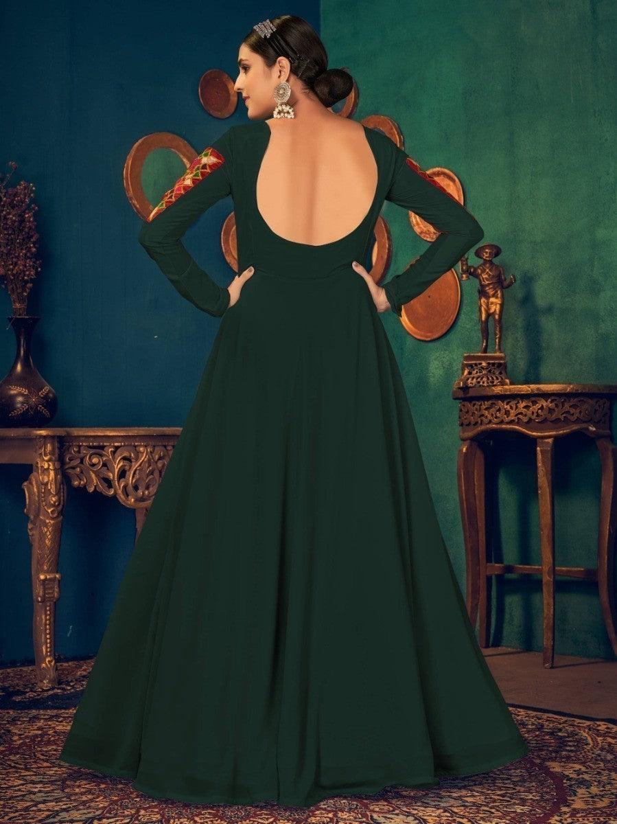 Tremendous Green Mirror And Pearl Work Georgette Festive Wear Gown