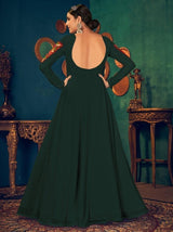Tremendous Green Mirror And Pearl Work Georgette Festive Wear Gown