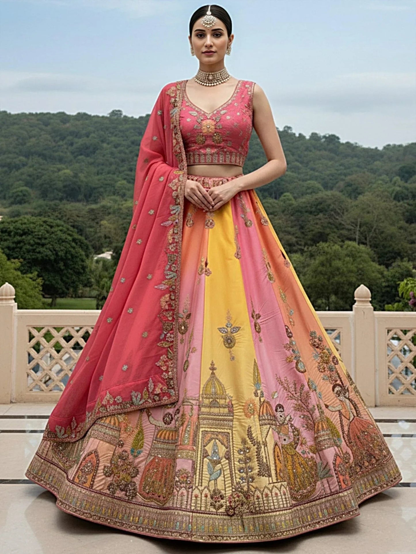 Tremendous Pink Patch Work Silk Engagement Wear Lehenga Choli With Dupatta