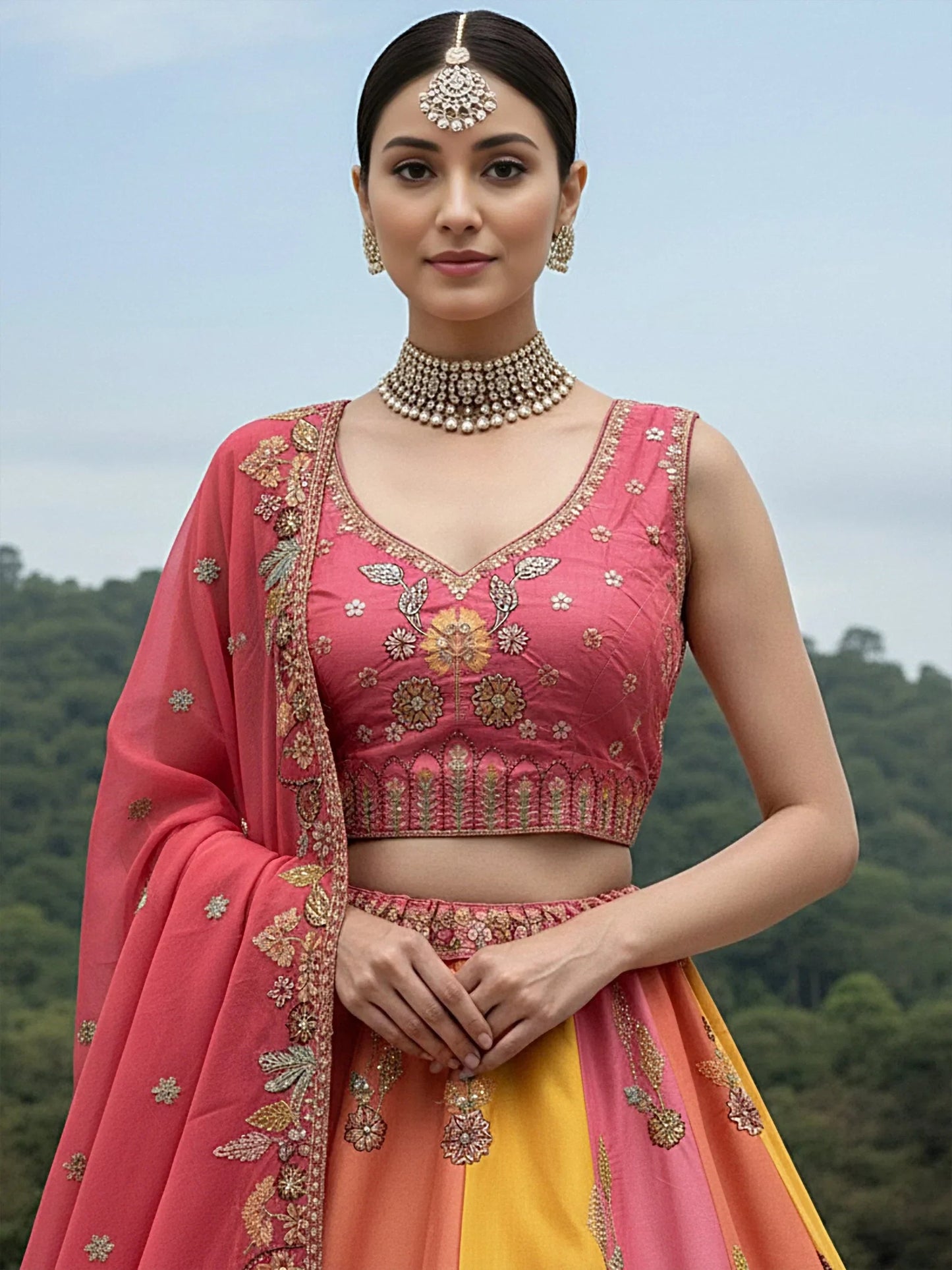 Tremendous Pink Patch Work Silk Engagement Wear Lehenga Choli With Dupatta
